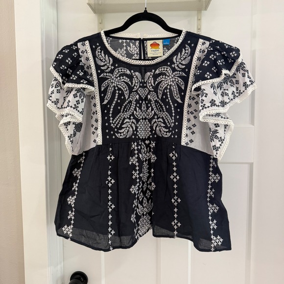 FARM Rio Tops - Farm Rio‎ Anthropologie Embroidered Flutter Sleeve Blouse Black White S NWT Boho